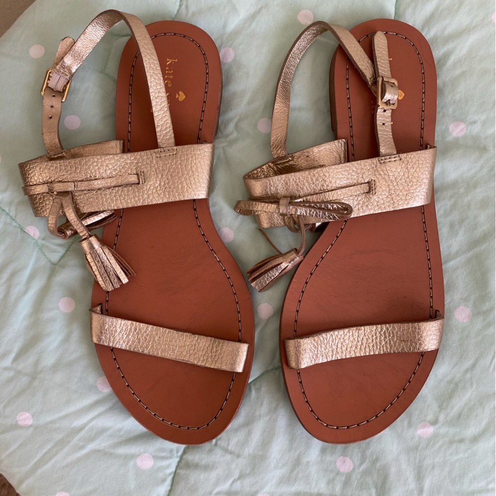 kate spade  Gold Leather Tassel Ankle Strap Sandals great for summer parties
